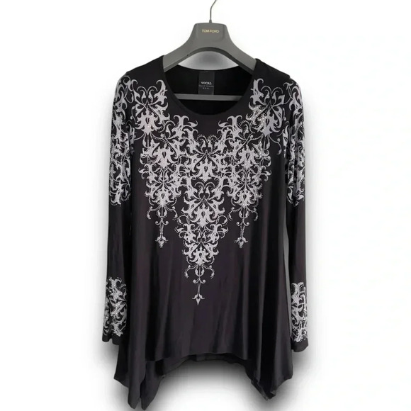 Vocal Long Sleeve Embellished Tunic Top Crystals Beaded Stones Graphic Print M - Picture 1 of 7